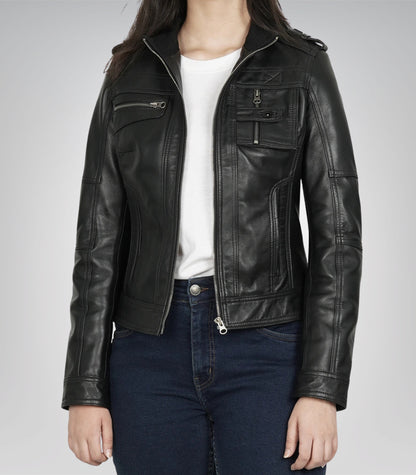 Stylish women’s black biker-style leather moto jacket