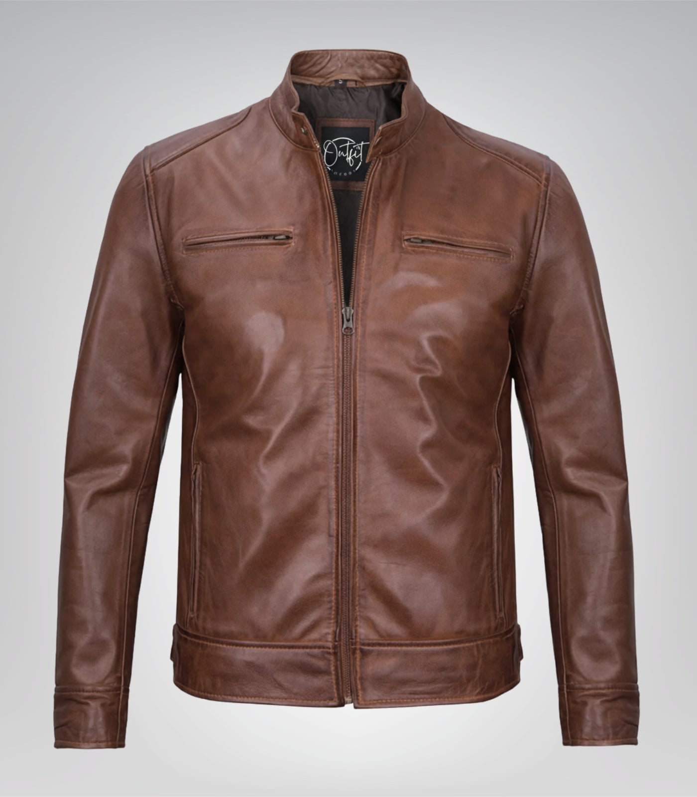 Stylish men’s cognac brown moto jacket in real leather