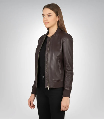 Classic maroon leather biker jacket for women with zipper details