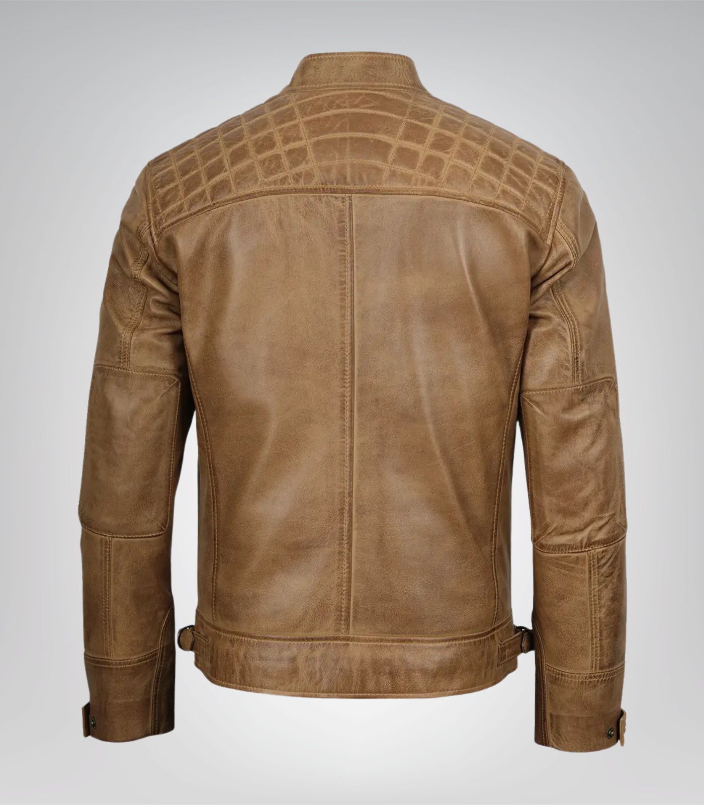 Stylish men’s camel brown moto jacket with quilted shoulder accents