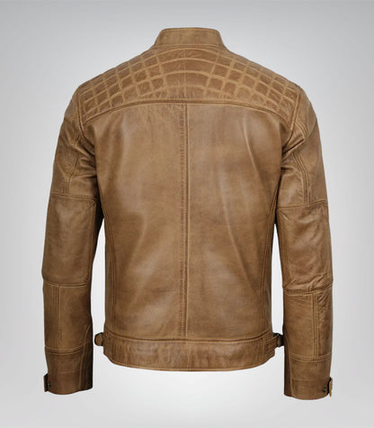 Stylish men’s camel brown moto jacket with quilted shoulder accents
