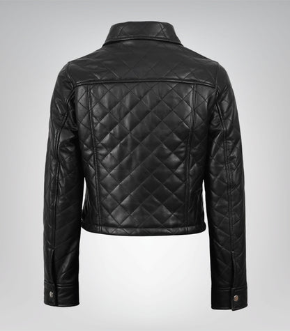 Stylish women’s black real leather crop jacket featuring quilted panels