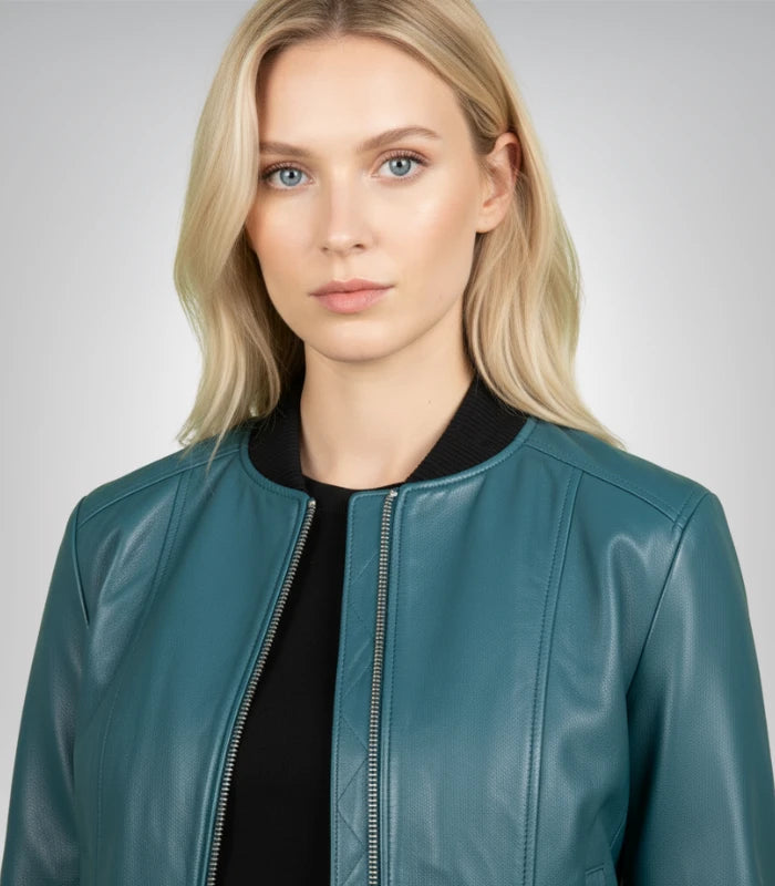 women stylish blue leather biker jacket front view
