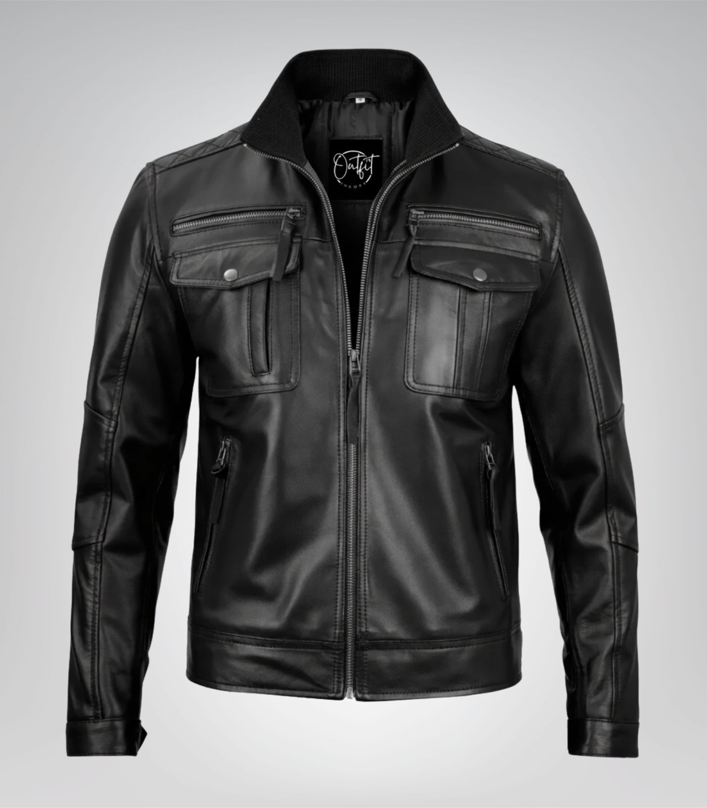 Men’s premium-quality tailored leather biker jacket in black