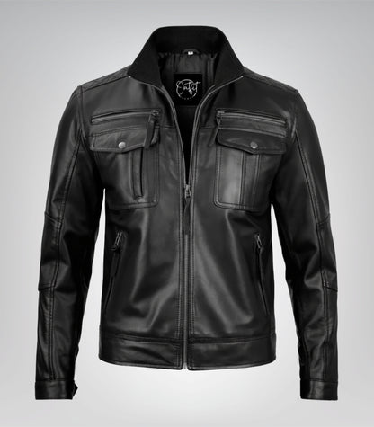 Men’s premium-quality tailored leather biker jacket in black
