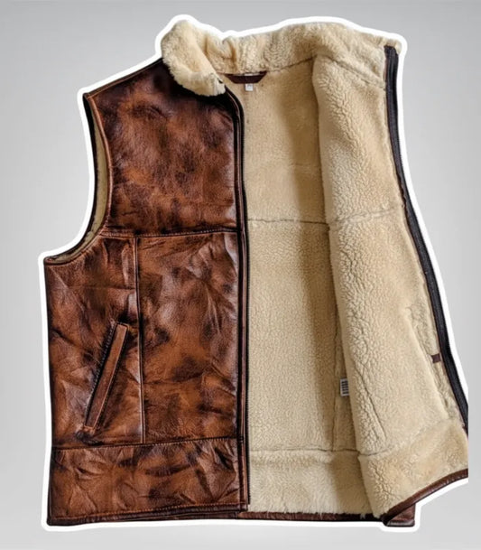 Handmade brown sheepskin vest – warm shearling fur gilet for men