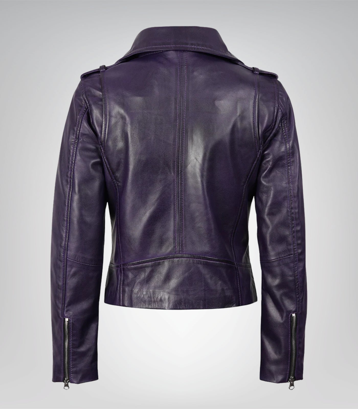 Stylish women’s purple asymmetrical moto jacket in genuine lambskin