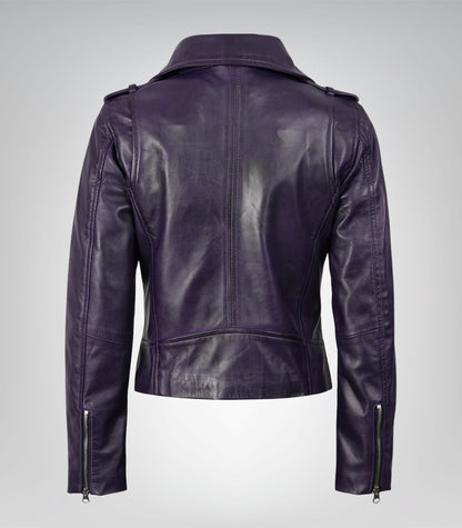 Stylish women’s purple asymmetrical moto jacket in genuine lambskin