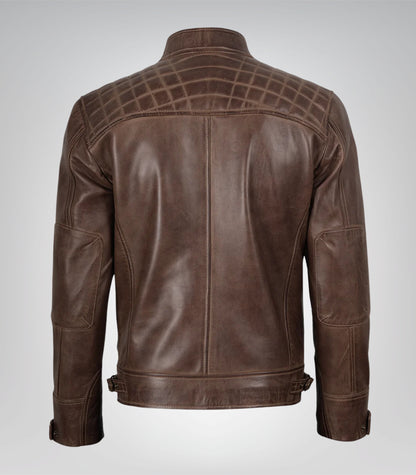 Stylish chocolate brown leather moto jacket for men with quilted shoulders