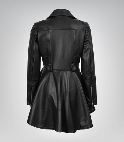 Stylish women’s black peplum leather jacket with asymmetrical closure