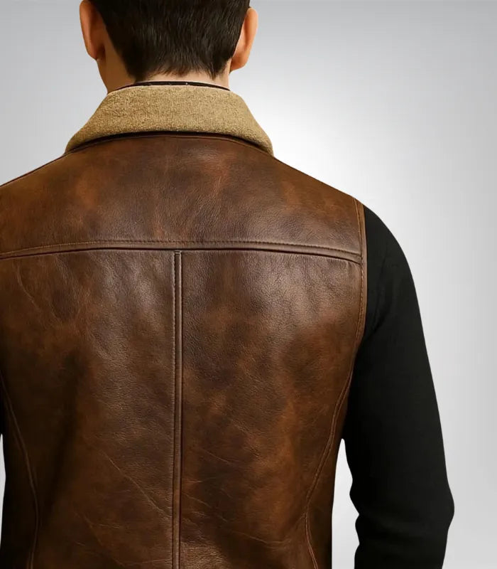 Men’s Western Cowboy Bomber Jacket – Weathered Brown Leather, Aged Lambskin