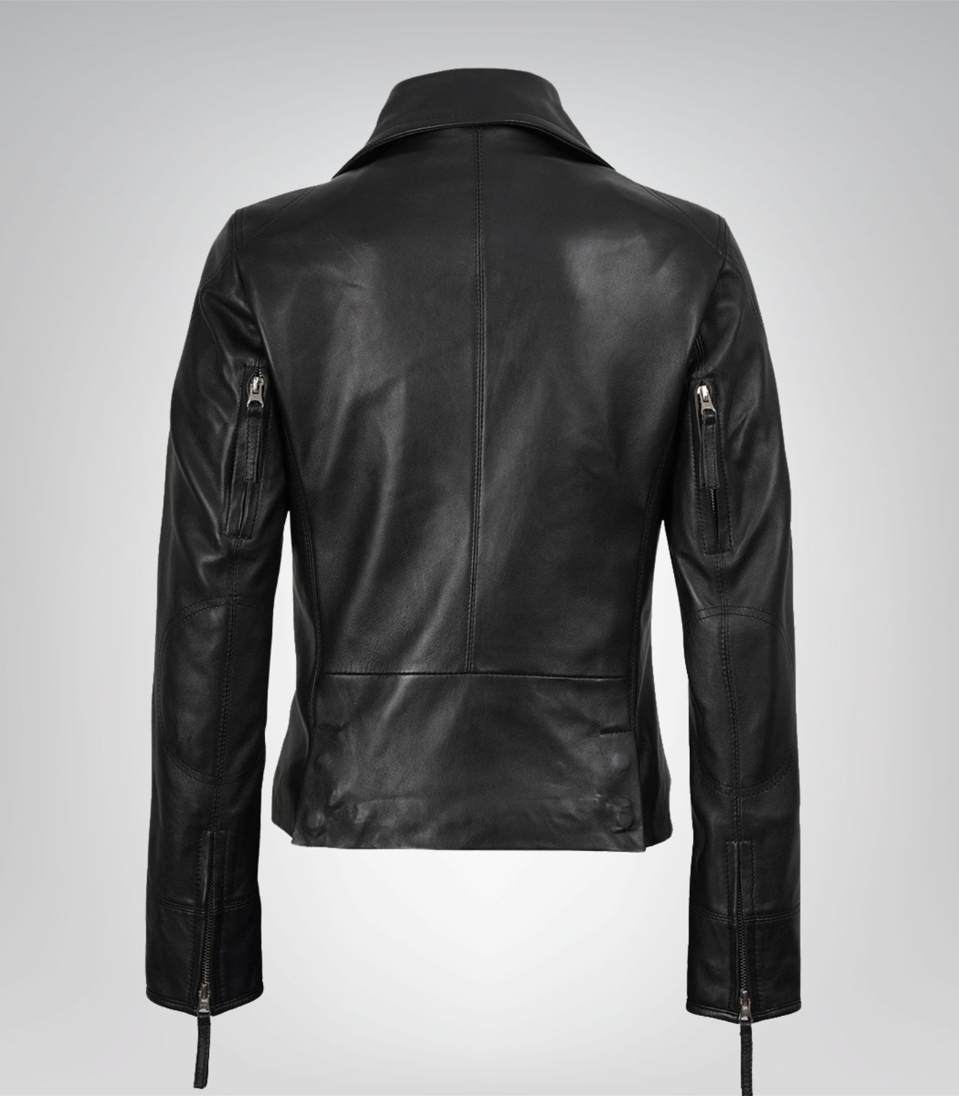 Stylish women’s genuine black leather moto jacket with angled zip