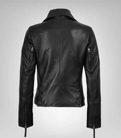 Stylish women’s genuine black leather moto jacket with angled zip