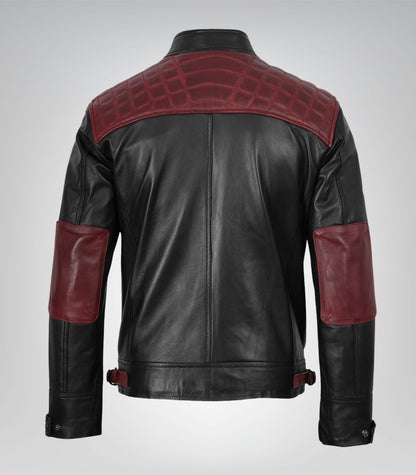 Stylish men’s leather motorcycle jacket in black and maroon