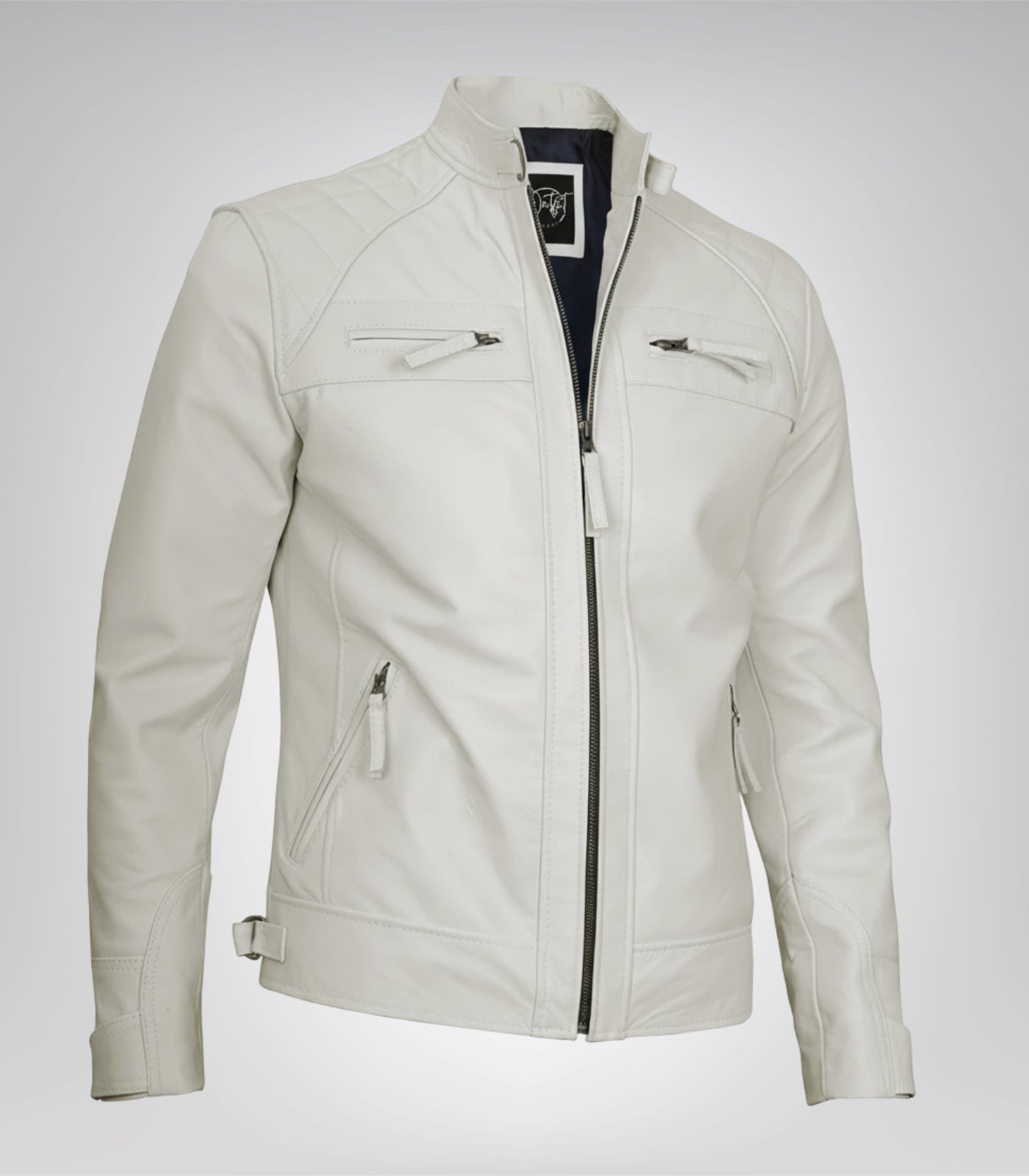 Premium off-white men’s leather jacket with quilted biker shoulders