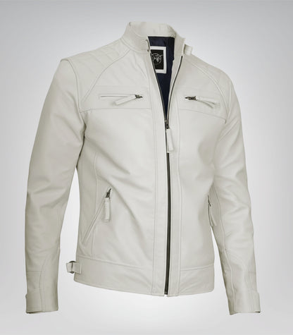 Premium off-white men’s leather jacket with quilted biker shoulders
