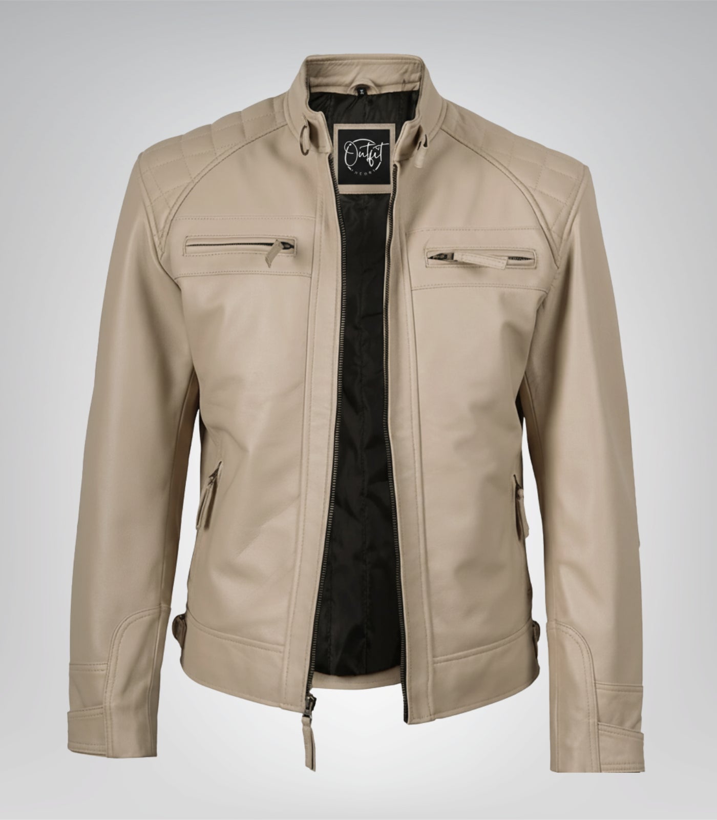 Quilted shoulder beige leather motorcycle jacket for men