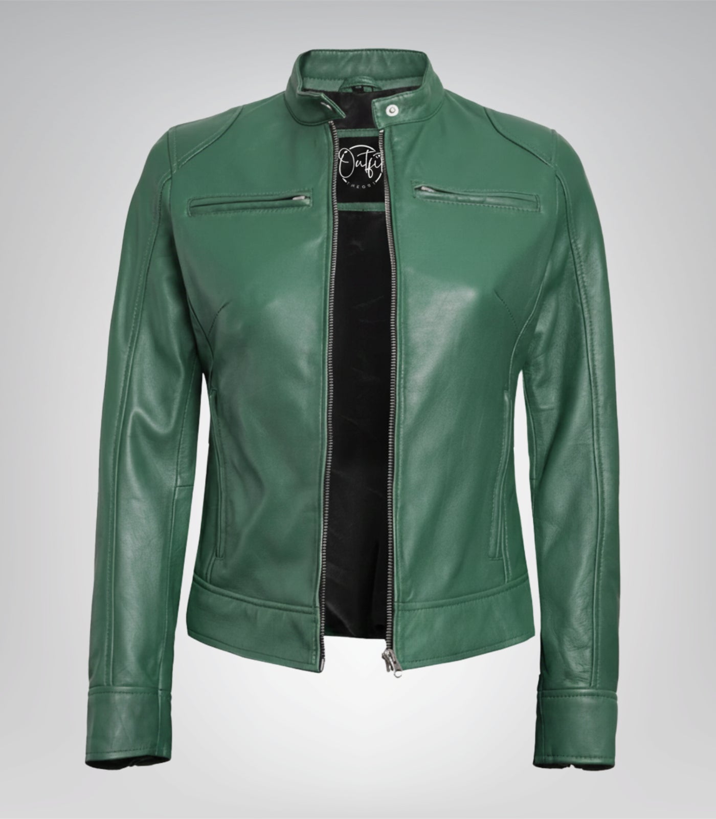 Stylish women’s green biker jacket in genuine leather
