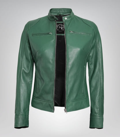 Stylish women’s green biker jacket in genuine leather