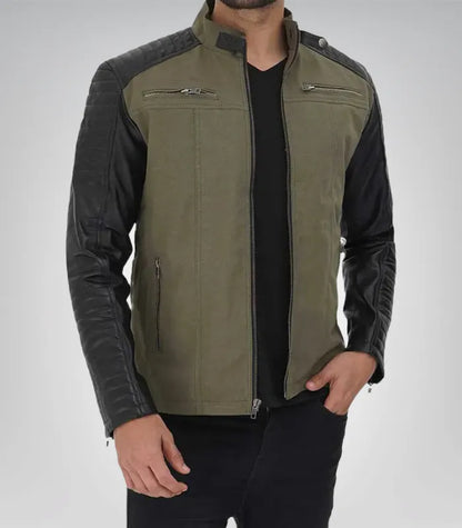 Army green and black leather biker jacket for men – café racer design