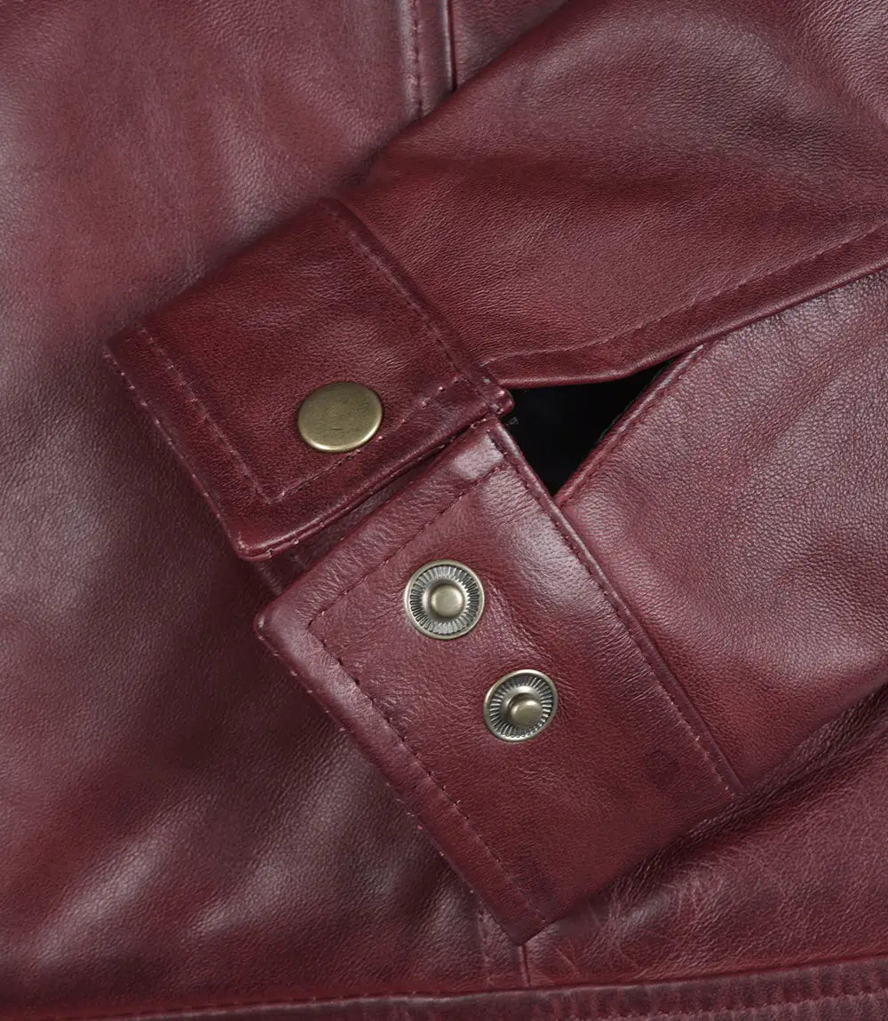 Classic shirt-collar men’s burgundy leather Harrington jacket