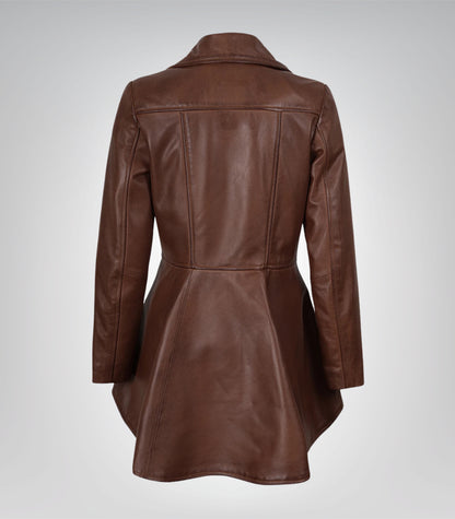 Stylish cognac leather jacket for women with peplum silhouette