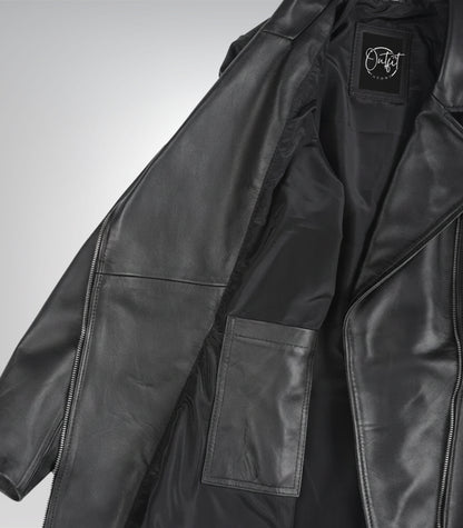 Stylish women’s black leather jacket with feminine flared peplum