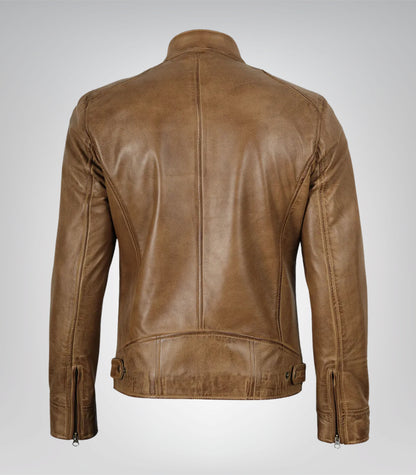 Premium camel brown leather biker jacket for men
