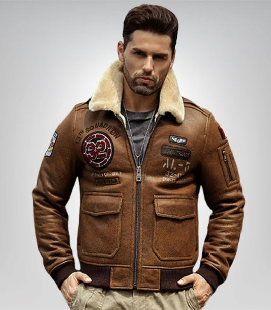 Brown embroidered shearling leather bomber jacket for men