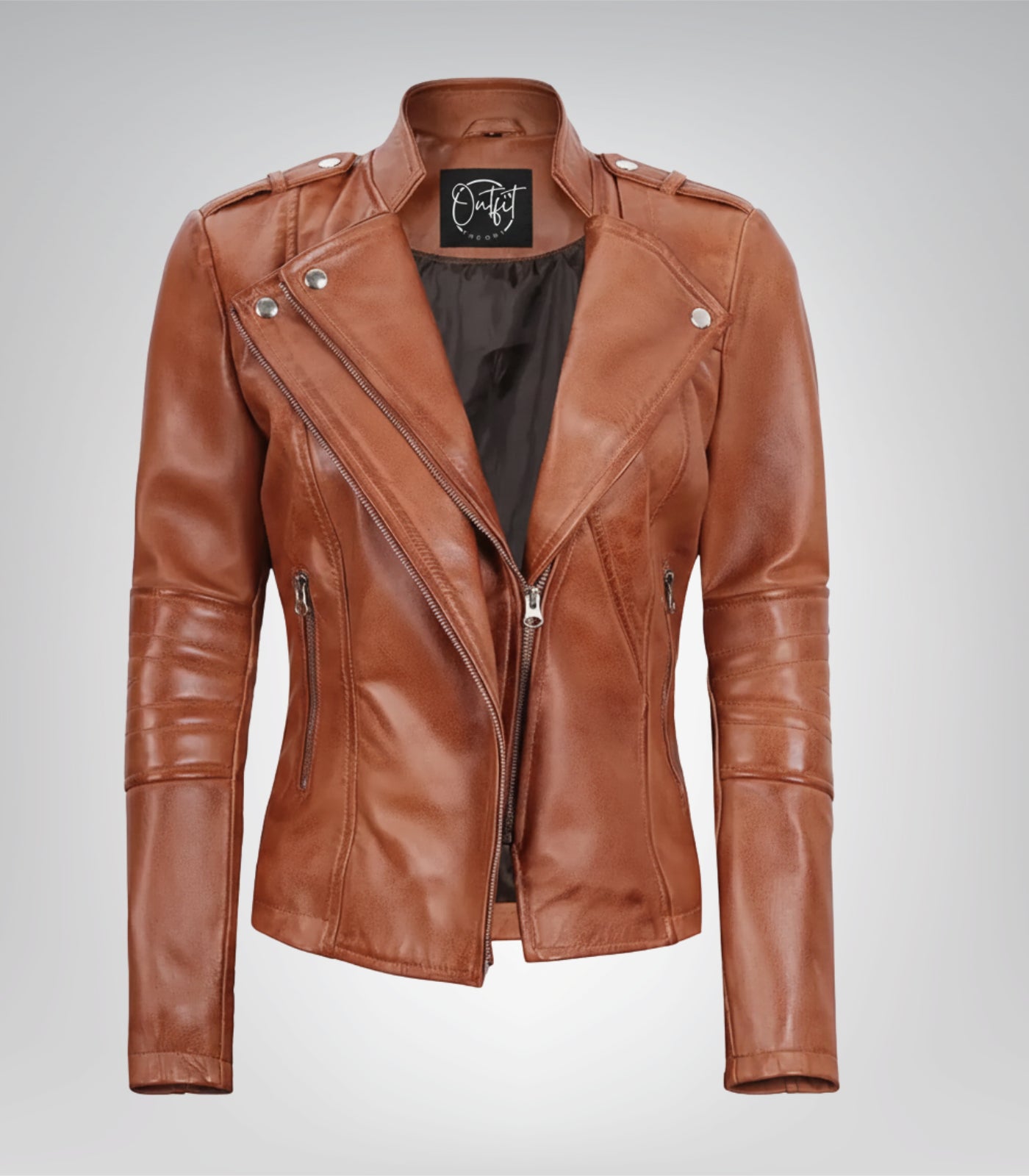 Stylish tan asymmetrical leather biker jacket for women