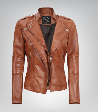 Stylish tan asymmetrical leather biker jacket for women
