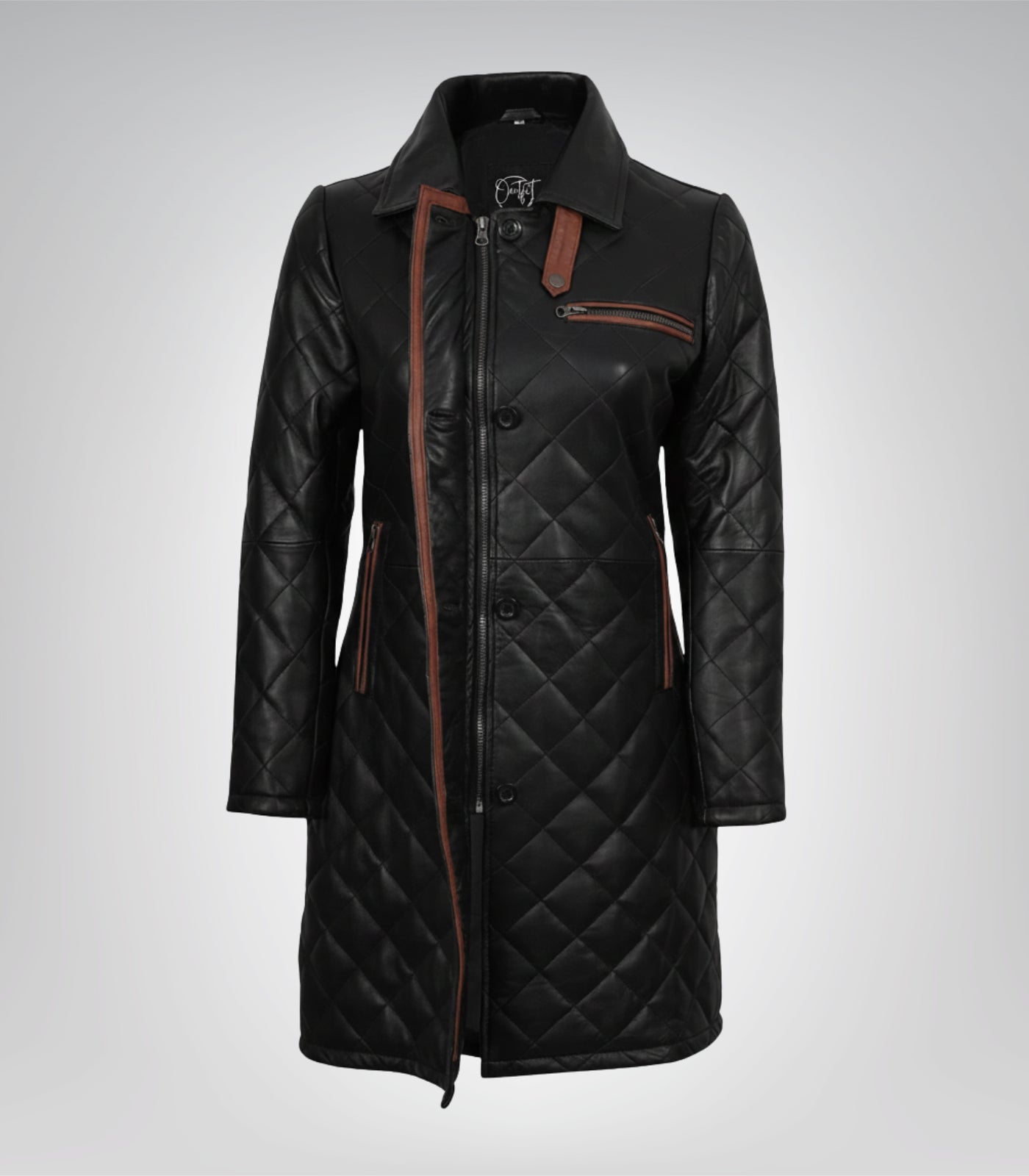 Women’s stylish quilted black leather coat with brown detailing