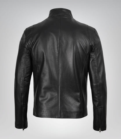 Premium black leather biker jacket for men, classic fit