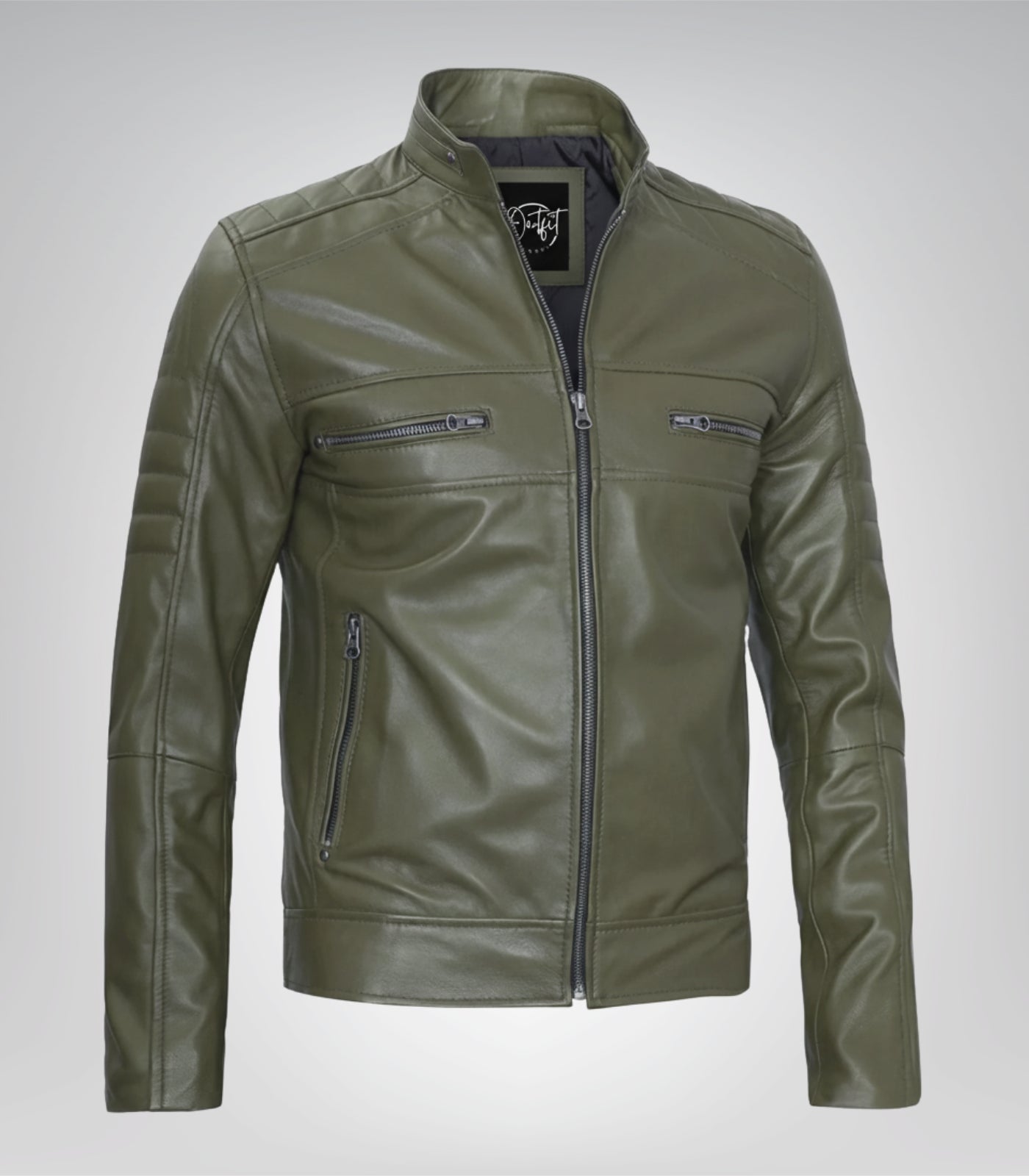 Premium olive green leather biker jacket for men