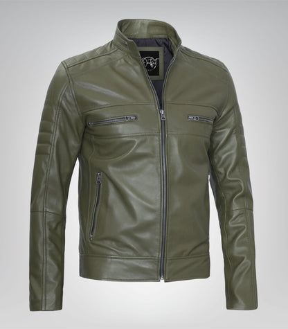 Premium olive green leather biker jacket for men