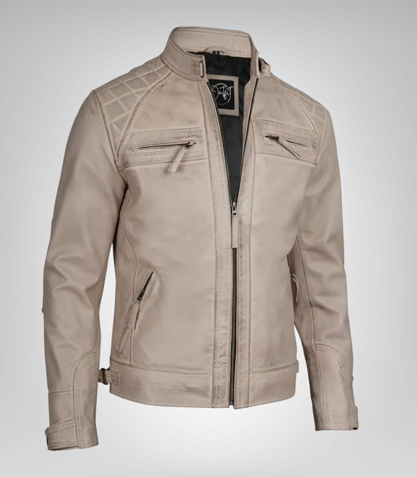 Premium warm beige leather biker jacket for men