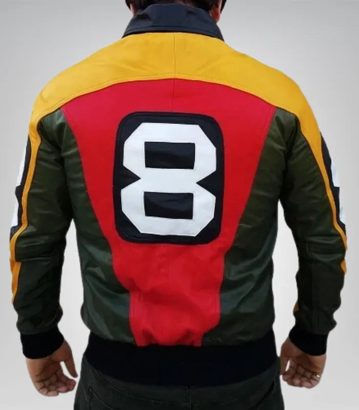 Stylish black leather bomber jacket for men – iconic 8 Ball design