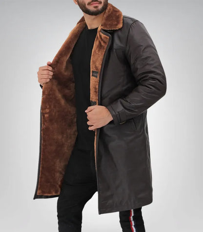 Men’s Dark Brown Leather Shearling Coat 3/4 Length