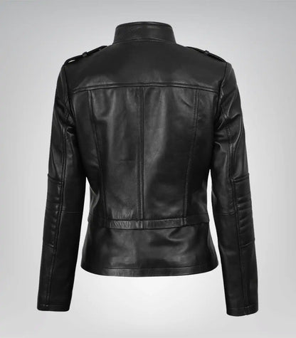 Stylish black lambskin leather motorcycle jacket for women