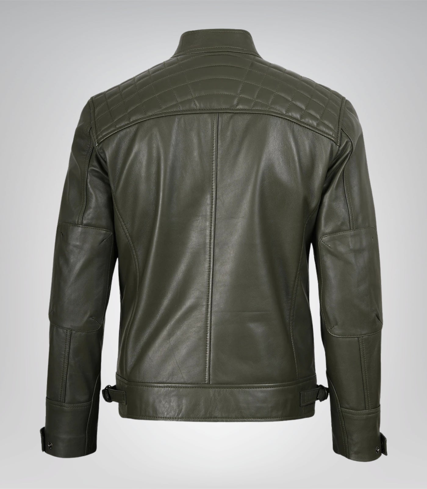Premium olive green leather biker jacket for men, quilted detailing