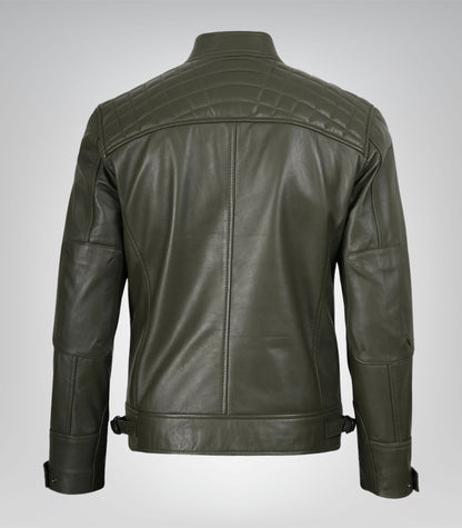 Premium olive green leather biker jacket for men, quilted detailing