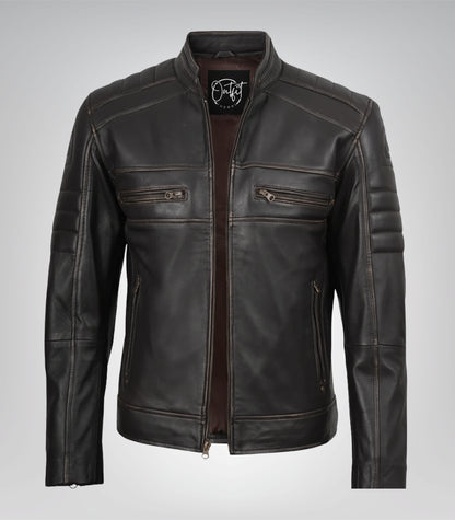 Premium distressed brown leather biker jacket for men