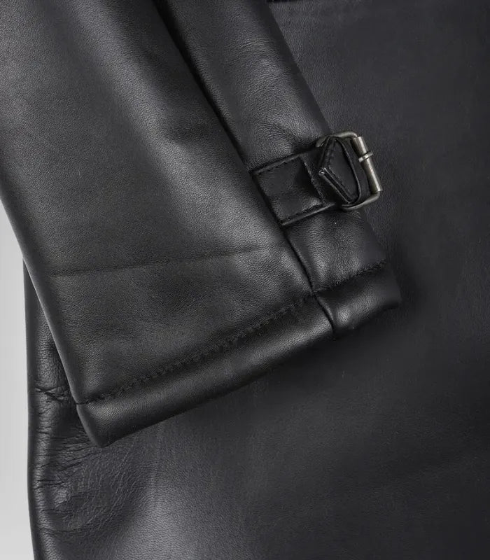 Men’s Black 3/4 Length Genuine Leather Coat with Faux Shearling Lining