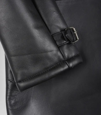 Men’s Black 3/4 Length Genuine Leather Coat with Faux Shearling Lining