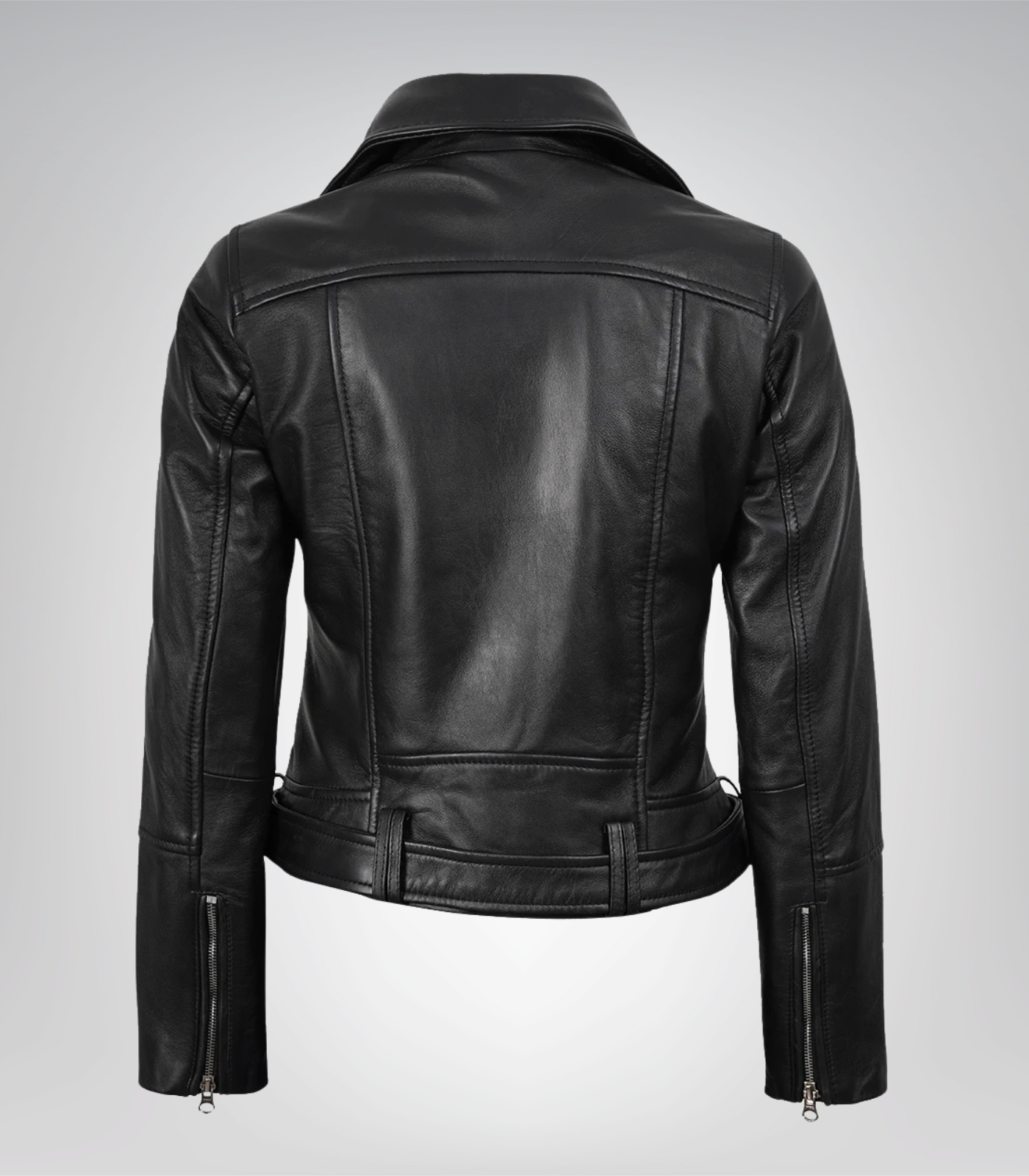 Women’s Black Leather Biker Jacket with Asymmetrical Front and Belt