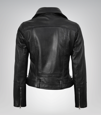 Women’s Black Leather Biker Jacket with Asymmetrical Front and Belt