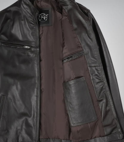 Trendy men’s dark brown cowhide leather biker jacket