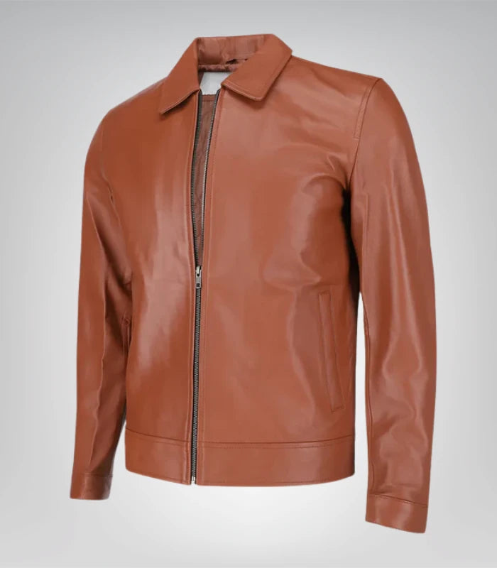 Stylish brown Harrington collar leather jacket for men