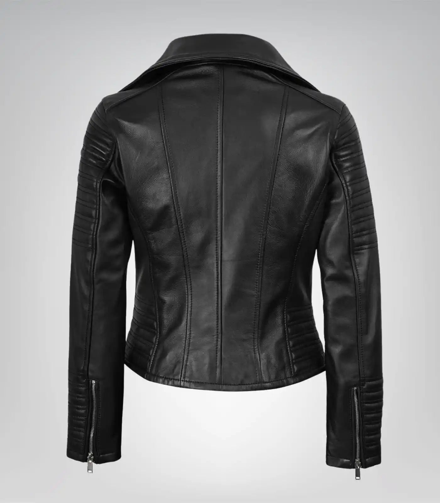 Premium black leather biker jacket for women with angled front closure