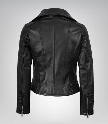 Premium black leather biker jacket for women with angled front closure